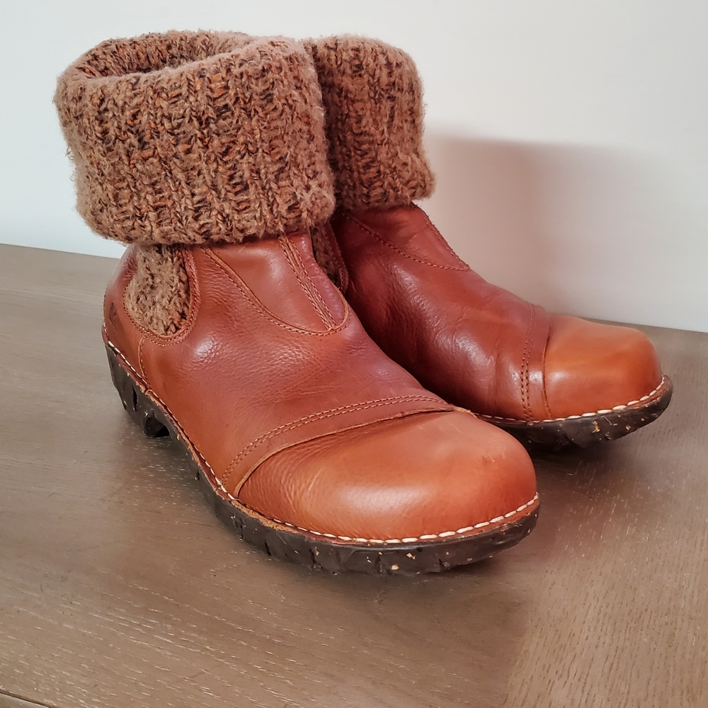 El Naturalista Leather Yggdrasil Chunky Y2K Style Brown Knit Cuff Ankle Boots